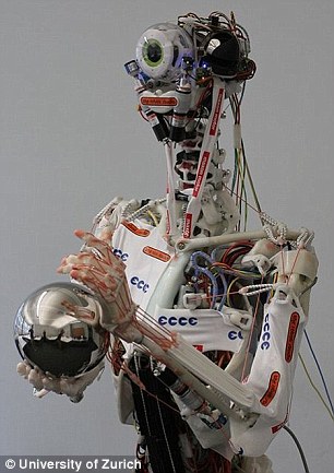 研究人员以长有“人类”骨骼、筋腱与皮肤的Eccerobot机器人为例,解释未来如何用机器人培育真正的人体组织。